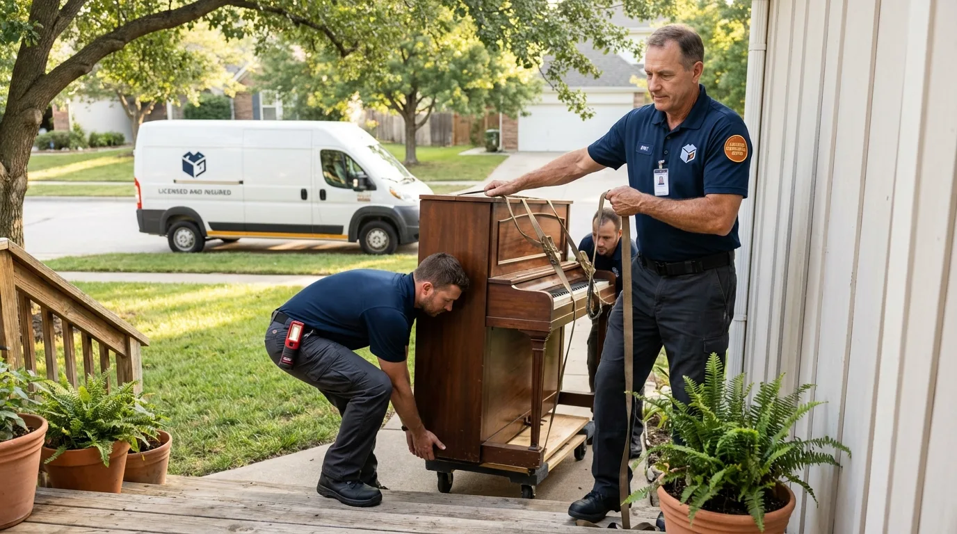 Licensed piano movers securing grand piano in Cumberland, MD