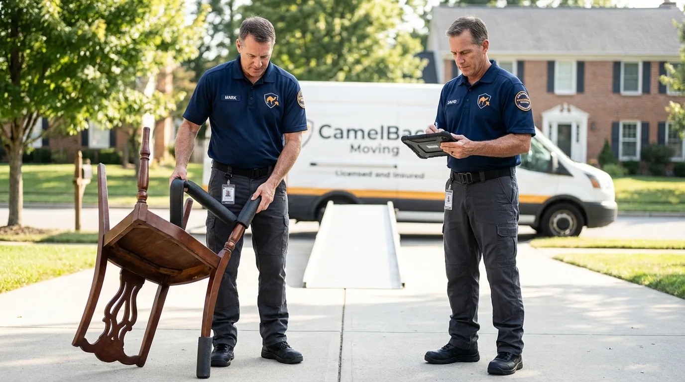 Movers inspecting furniture for damage prevention before loading in Cumberland, MD
