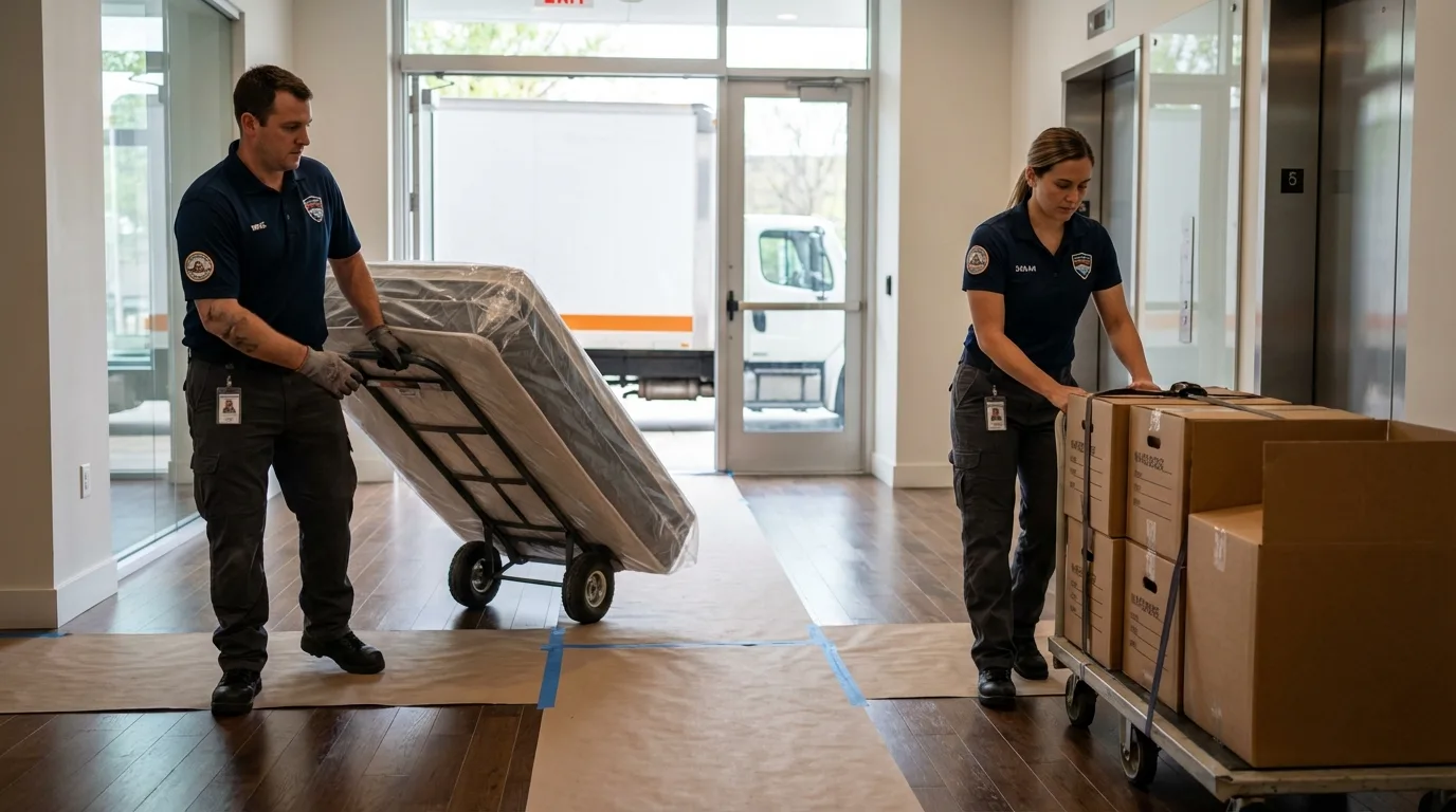 Professional apartment movers loading elevator in Cumberland, MD
