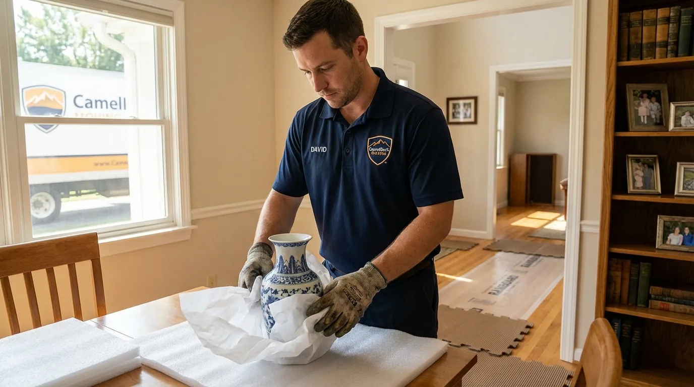 Professional crew carefully wrapping antique vase for senior downsizing move in Cumberland, MD